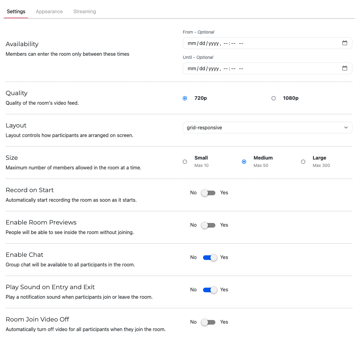 This screenshot shows the configuration options for Video Conferences.